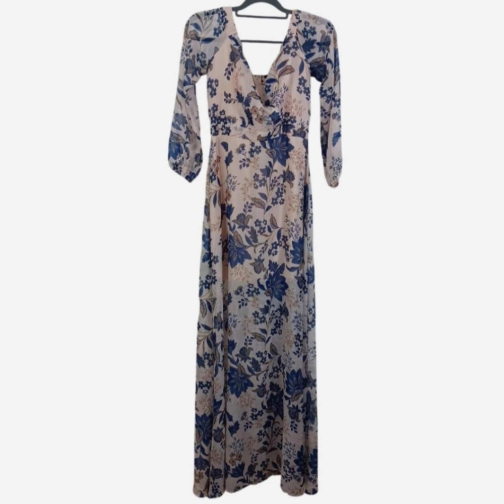 Windsor Large Maxi Dress Blue Taupe Long Sleeve Garden Party Wedding Guest Boho